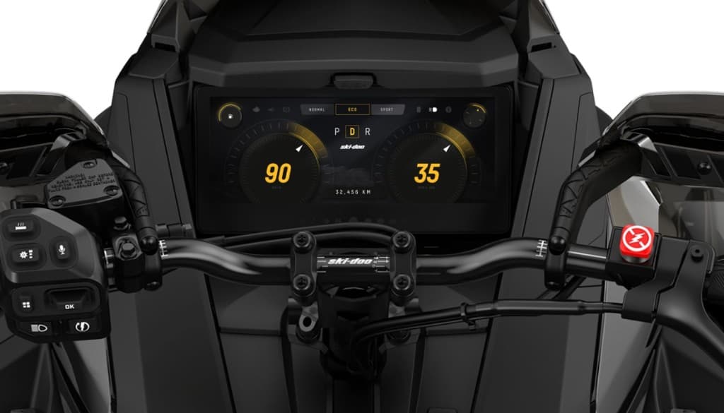 Ski-Doo digital instrument cluster on snowmobile handlebars