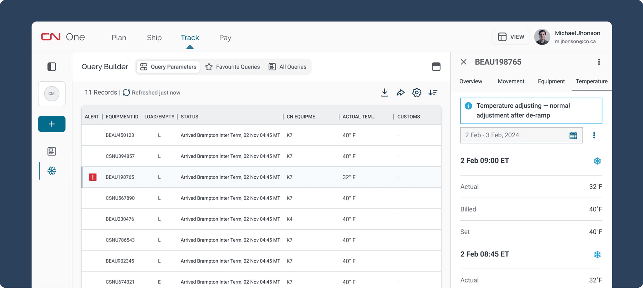 Temperature monitoring UI table