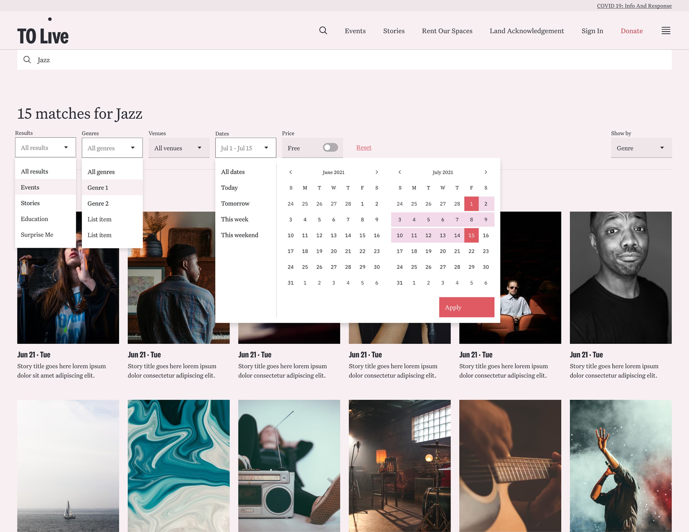 Desktop search filters and results