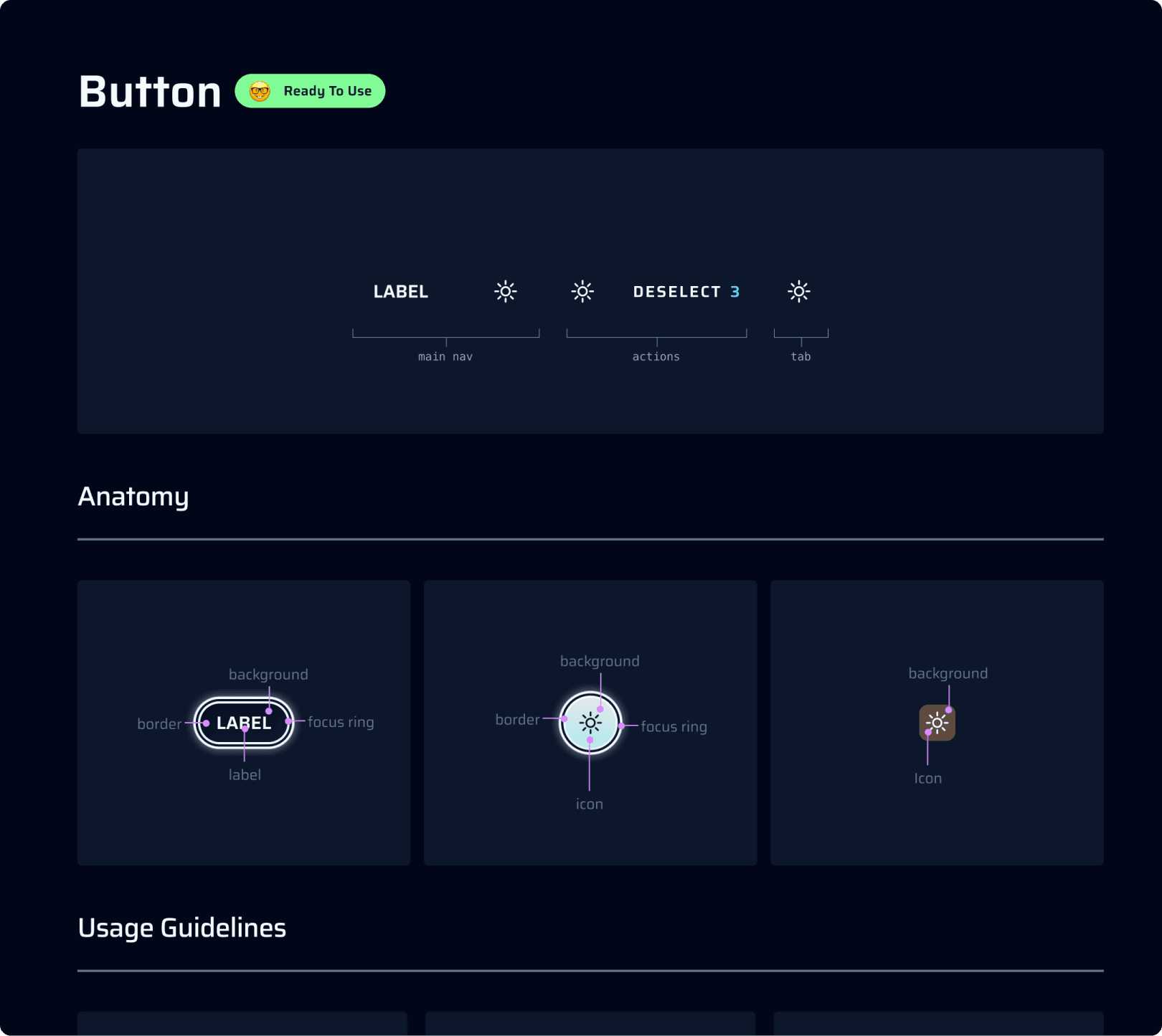 Button component documentation with anatomy and usage guidelines