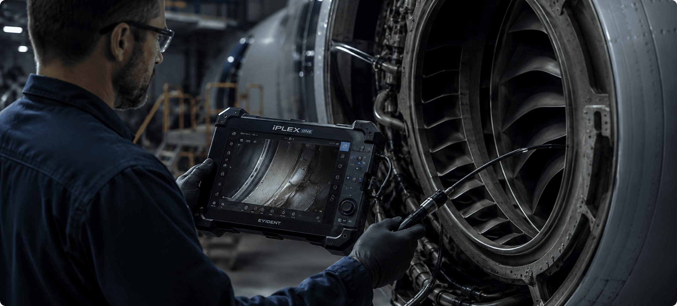 Technician using an Evident iPLEX inspection device in an industrial environment