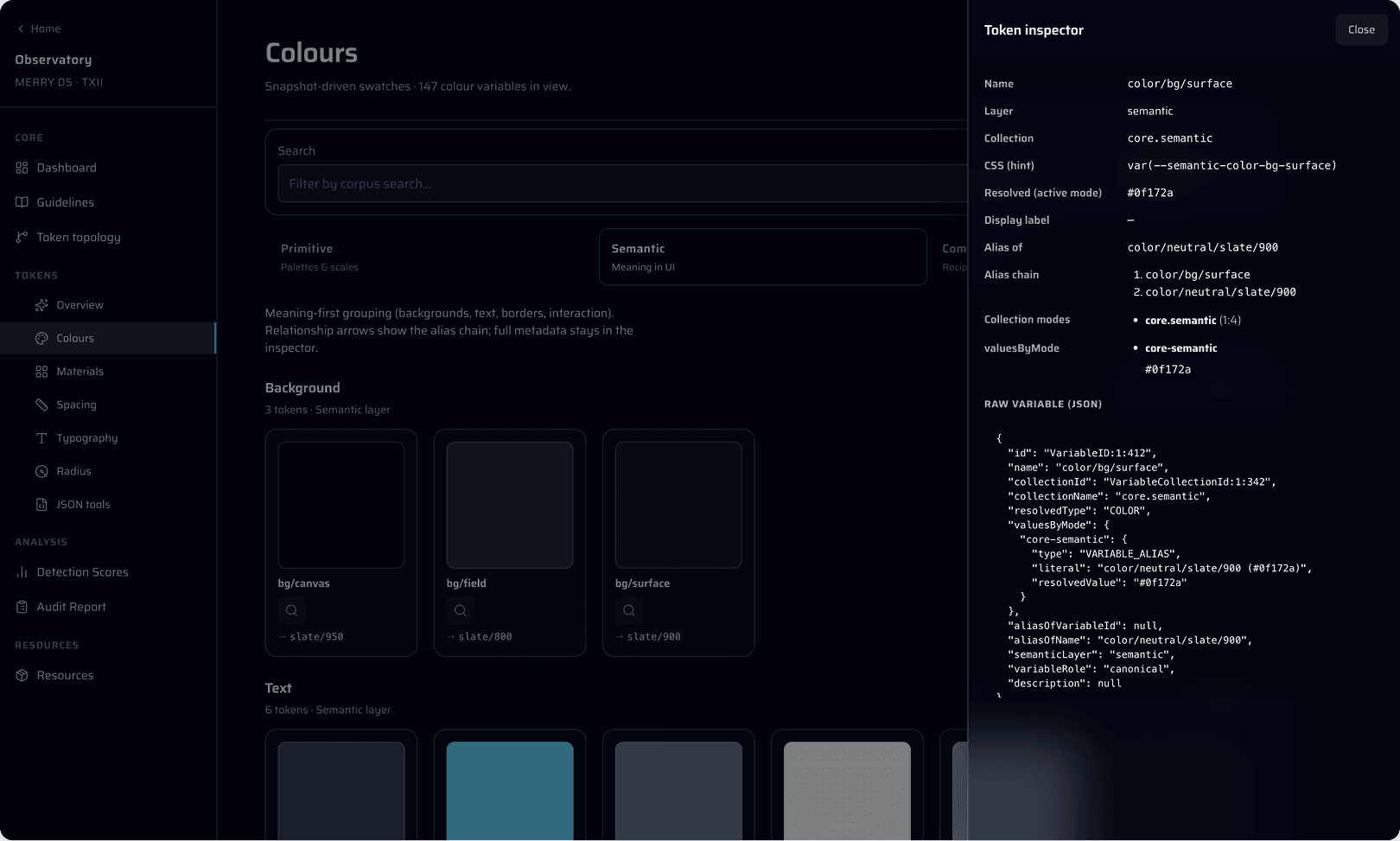 Observatory token topology and semantic colour variable inspector