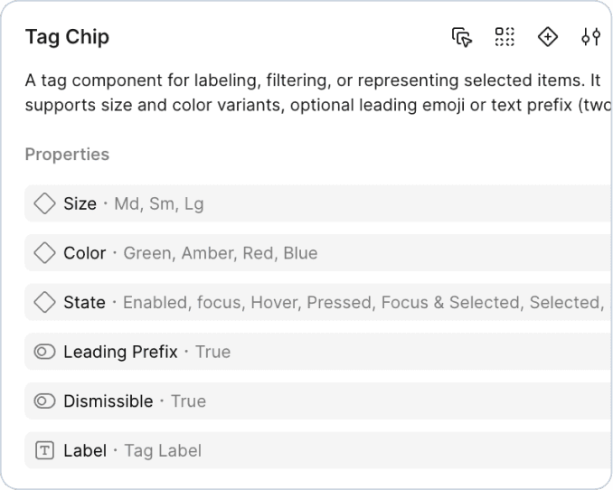 Tag chip component props and semantic metadata structure