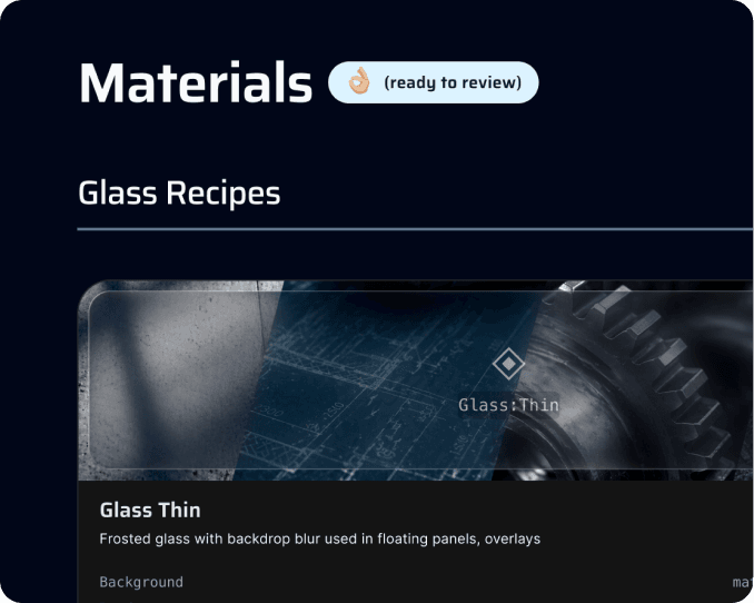 Glass material recipes and visual language definitions