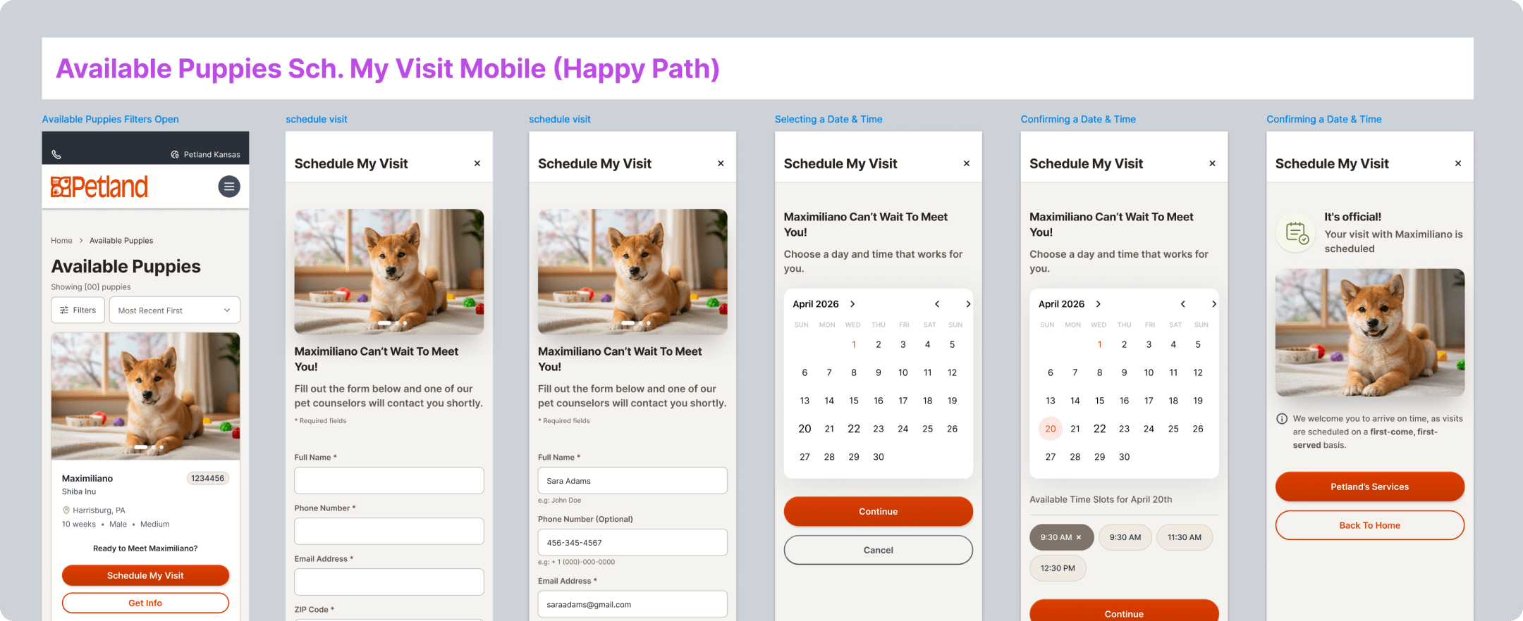 Schedule My Visit mobile booking flow